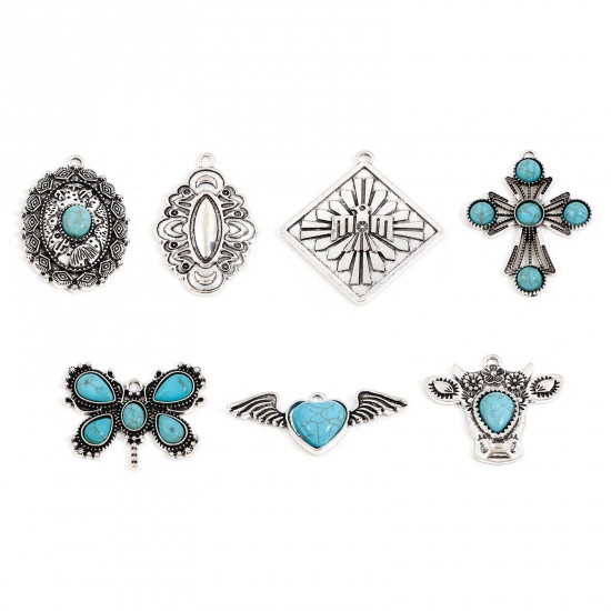 Picture of Zinc Based Alloy Boho Chic Bohemia Pendants Antique Silver Color With Resin Cabochons Imitation Turquoise