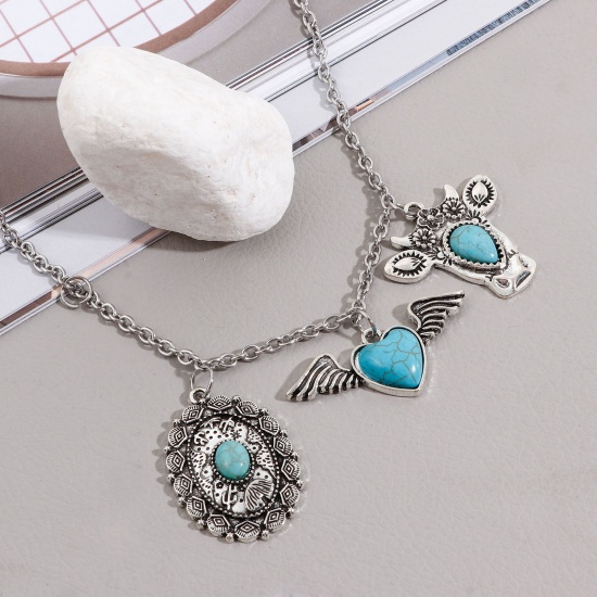 Picture of Zinc Based Alloy Boho Chic Bohemia Pendants Antique Silver Color With Resin Cabochons Imitation Turquoise
