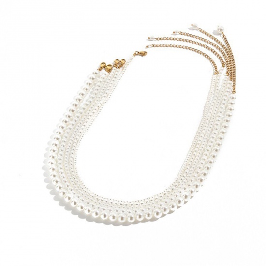 Picture of Stainless Steel & Acrylic Elegant Beaded Necklace 14K Gold Color Imitation Pearl