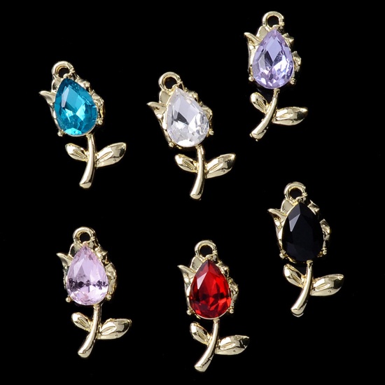 Immagine di Lega di Zinco Charms Oro Chiaro Multicolore Fiore del Tulipano Fiore Con Cabochon di Vetro 22mm x 11mm, 5 Pz