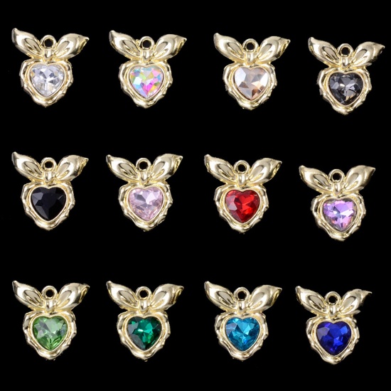 Immagine di Lega di Zinco San Valentino Charms Oro Chiaro Multicolore Cuore Cravatta a Farfalla Con Cabochon di Vetro 19mm x 19mm, 5 Pz