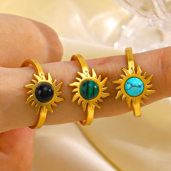 Picture of Eco-friendly Vacuum Plating Retro Boho Chic Bohemia 18K Gold Plated 304 Stainless Steel & Stone Open Round Sunflower Rings For Women Party