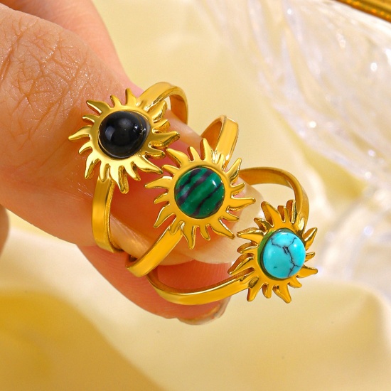 Picture of Eco-friendly Vacuum Plating Retro Boho Chic Bohemia 18K Gold Plated 304 Stainless Steel & Stone Open Round Sunflower Rings For Women Party