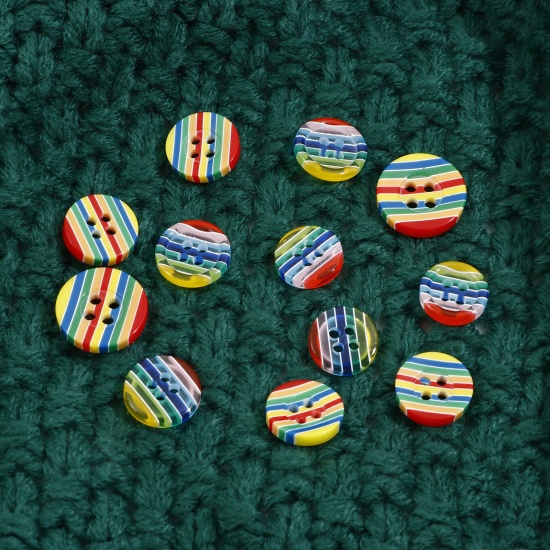 Picture of Resin Sewing Buttons Scrapbooking 4 Holes Round Stripe Multicolor