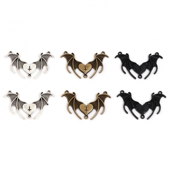 Immagine di Lega di Zinco Religione Pendenti Charms Connettori Accessori Halloween Pipistrello Multicolore Croce Disegno 4.2cm x 2.6cm, 10 Pz