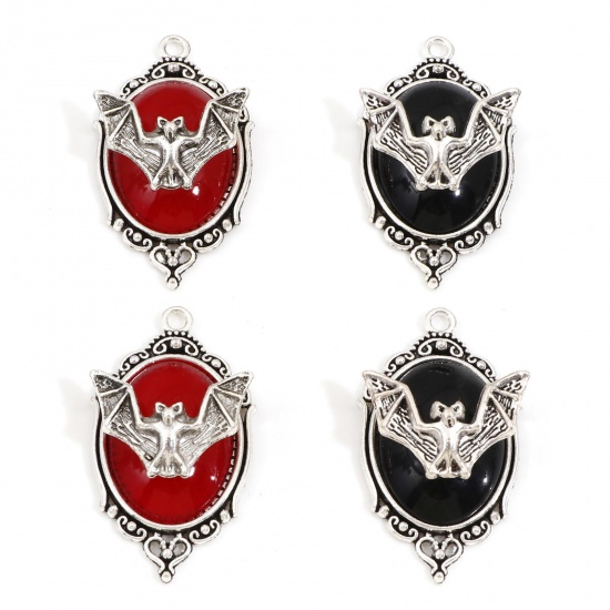 Picture of Zinc Based Alloy Halloween Pendants Antique Silver Color Mirror Halloween Bat Enamel 4.3cm x 2.4cm