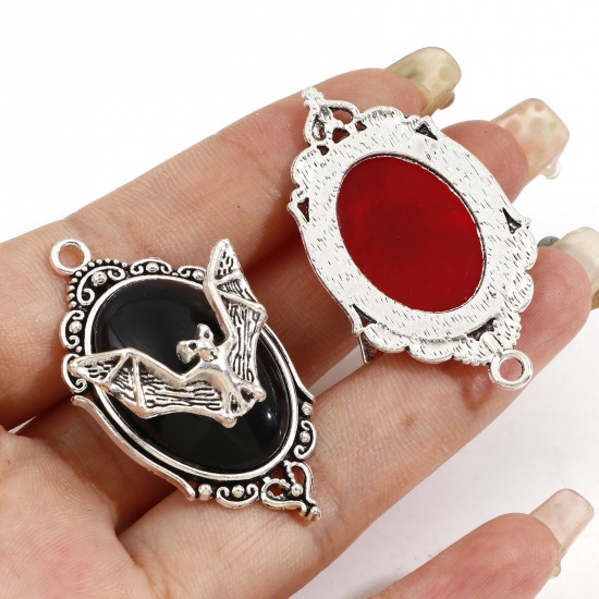 Picture of Zinc Based Alloy Halloween Pendants Antique Silver Color Mirror Halloween Bat Enamel 4.3cm x 2.4cm