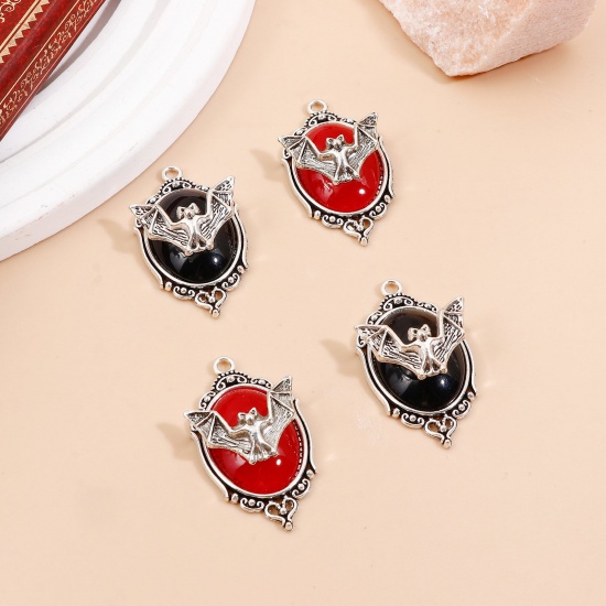 Picture of Zinc Based Alloy Halloween Pendants Antique Silver Color Mirror Halloween Bat Enamel 4.3cm x 2.4cm