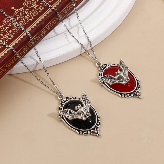 Picture of Zinc Based Alloy Halloween Pendants Antique Silver Color Mirror Halloween Bat Enamel 4.3cm x 2.4cm