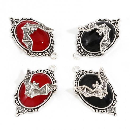 Picture of Zinc Based Alloy Halloween Pendants Antique Silver Color Mirror Halloween Bat Enamel 4.3cm x 2.4cm