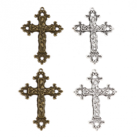 Picture of Zinc Based Alloy Religious Pendants Multicolor Cross Flower Vine 7.4cm x 5.3cm