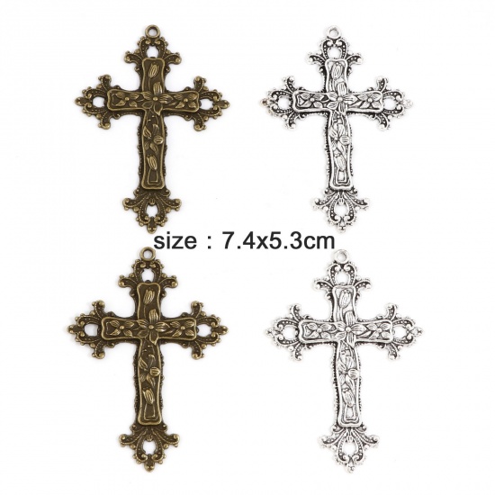 Picture of Zinc Based Alloy Religious Pendants Multicolor Cross Flower Vine 7.4cm x 5.3cm