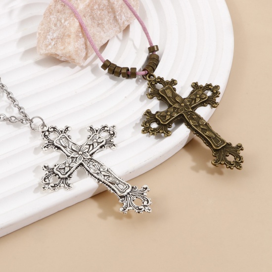 Picture of Zinc Based Alloy Religious Pendants Multicolor Cross Flower Vine 7.4cm x 5.3cm