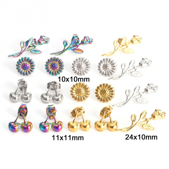 Image de Boucles d'Oreilles Puces en 304 Acier Inoxydable Collection Végétale avec Embouts Epaisseur de Fil: (21 gauge), 4 Pcs