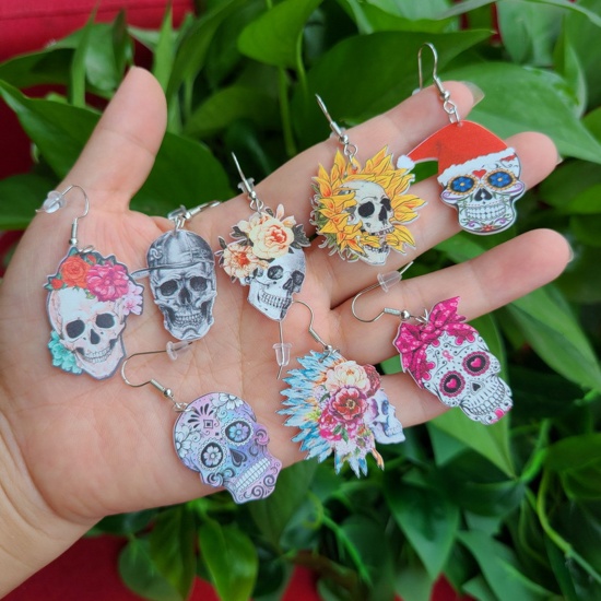 Picture of Resin Day Of The Dead Earrings Multicolor Sugar Skull Flower