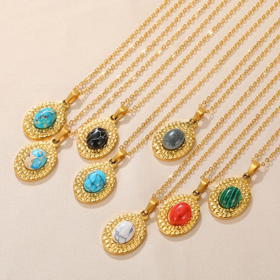 Picture of 304 Stainless Steel & Copper Link Cable Chain Necklace Gold Plated Multicolor Oval 40cm(15 6/8") long
