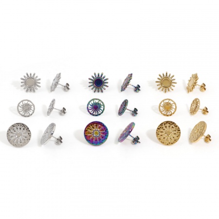 304 Stainless Steel Ear Post Stud Earrings Sun Multicolor Cabochon Settings