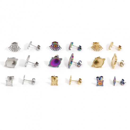 Picture of 304 Stainless Steel Ear Post Stud Earrings Round Multicolor Eye Cabochon Settings