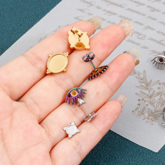 Picture of 304 Stainless Steel Ear Post Stud Earrings Round Multicolor Eye Cabochon Settings