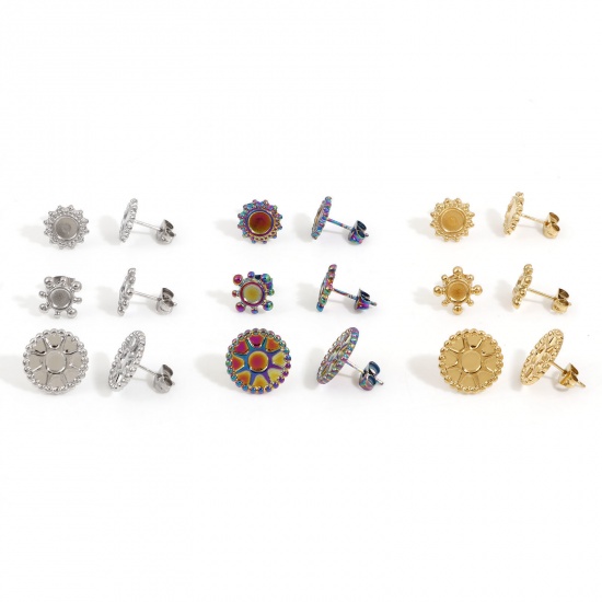 Picture of 304 Stainless Steel Ear Post Stud Earrings Round Multicolor Cabochon Settings