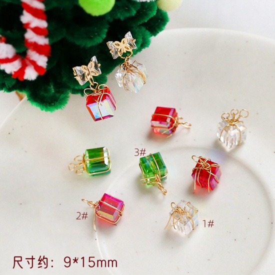 Immagine di Acrilato Natale Charms Scatola per Regalo Oro Placcato Multicolore AB Colore 15mm x 9mm, 2 Pz