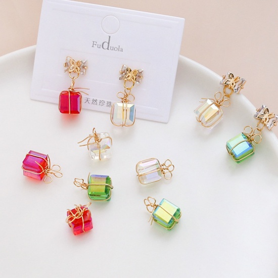 Immagine di Acrilato Natale Charms Scatola per Regalo Oro Placcato Multicolore AB Colore 15mm x 9mm, 2 Pz