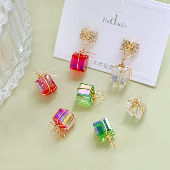 Immagine di Acrilato Natale Charms Scatola per Regalo Oro Placcato Multicolore AB Colore 15mm x 9mm, 2 Pz