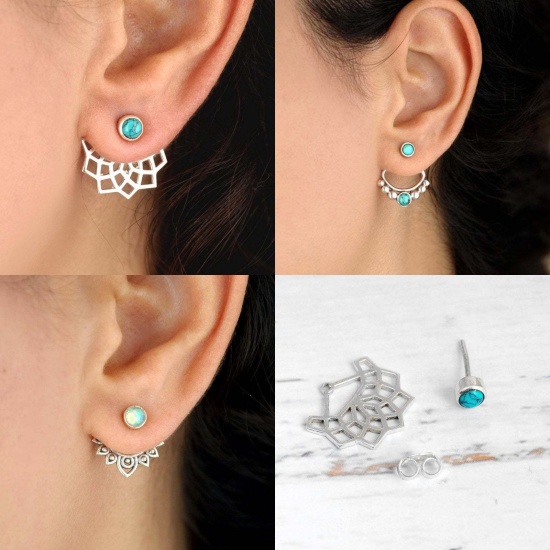 Picture of Boho Chic Bohemia Ear Jacket Stud Earrings Antique Silver Color Lotus Flower Hollow