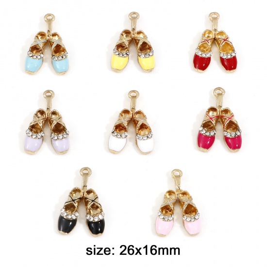 Picture of Zinc Based Alloy Clothes Charms Gold Plated Multicolor Ballet Shoes Enamel Clear Rhinestone 16mm x 16mm