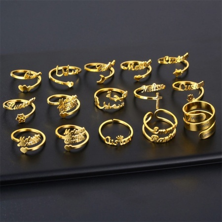 Stainless Steel Customized Name Personalized Letter Open Adjustable Rings Gold Plated