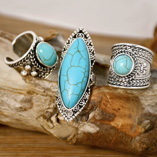 Picture of Boho Chic Bohemia Open Rings Antique Silver Color Imitation Turquoise Oval