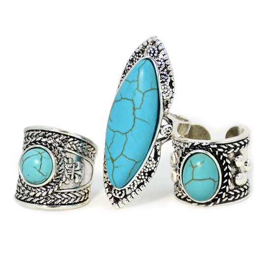 Picture of Boho Chic Bohemia Open Rings Antique Silver Color Imitation Turquoise Oval