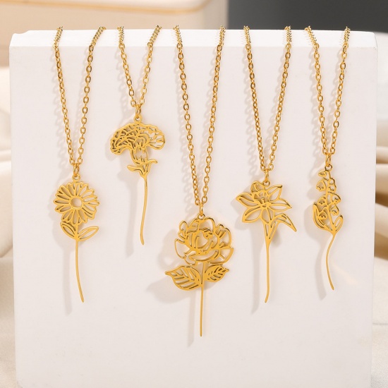 Picture of 304 Stainless Steel Birth Month Flower Necklace Gold Plated Hollow 38cm(15") long