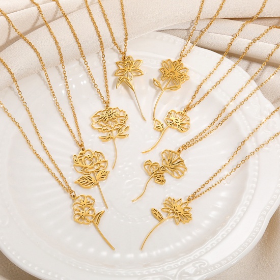 Picture of 304 Stainless Steel Birth Month Flower Necklace Gold Plated Hollow 38cm(15") long