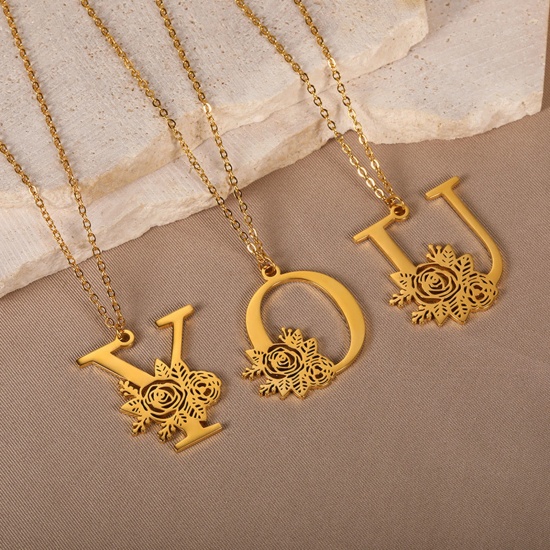 Picture of 304 Stainless Steel Rolo Chain Necklace 18K Gold Color Capital Alphabet/ Letter Rose Flower Hollow 38cm(15") long