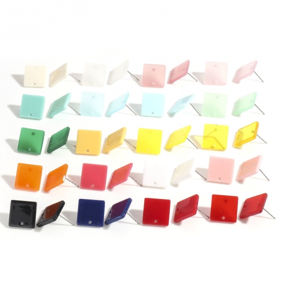 Picture of Acrylic Geometry Series Ear Post Stud Earrings Findings Square Multicolor With Loop 16mm x 16mm