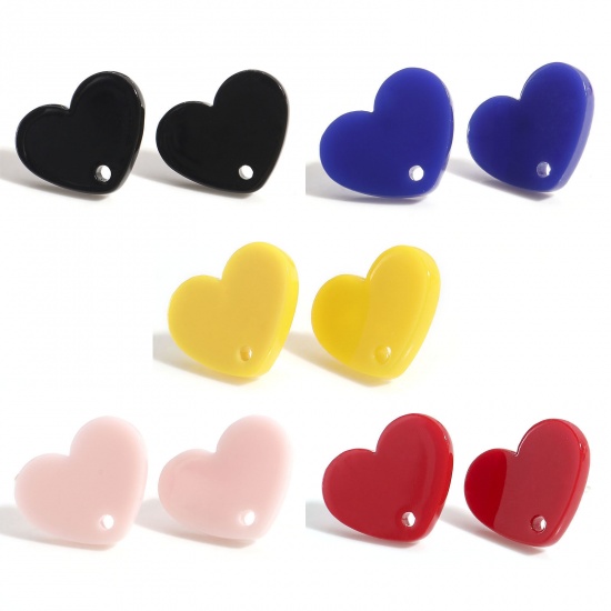 Picture of Acrylic Valentine's Day Ear Post Stud Earrings Findings Heart Multicolor With Loop 17mm x 13mm