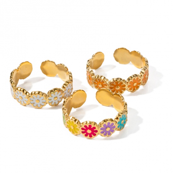 Picture of Eco-friendly Vacuum Plating Natural Pastoral Stylish 18K Real Gold Plated Multicolor 304 Stainless Steel Open Daisy Flower Enamel Rings For Women Anniversary