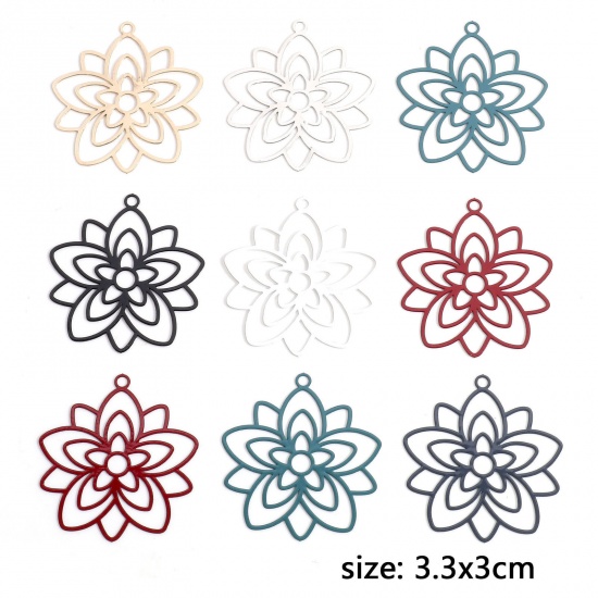 Immagine di Lega di Ferro Filigree Stamping Ciondoli Multicolore Fiore Filigrana 3.3cm x 3cm, 10 Pz
