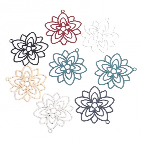 Immagine di Lega di Ferro Filigree Stamping Ciondoli Multicolore Fiore Filigrana 3.3cm x 3cm, 10 Pz