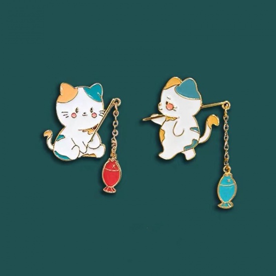Picture of Cute Pin Brooches Cat Animal Fish Gold Plated Multicolor Enamel