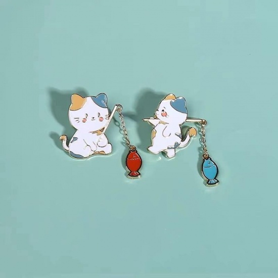 Picture of Cute Pin Brooches Cat Animal Fish Gold Plated Multicolor Enamel