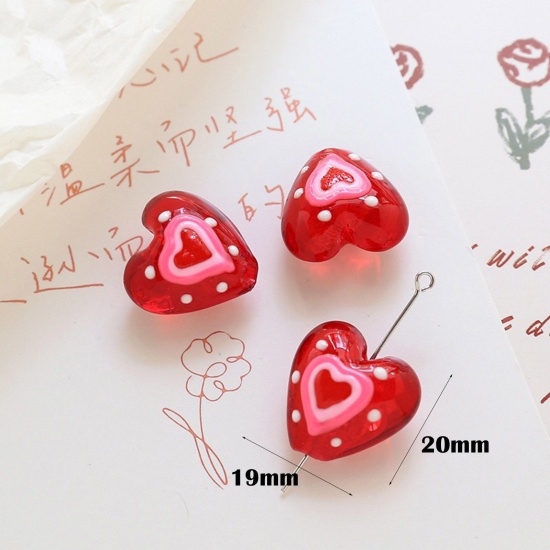 Picture of Lampwork Glass Valentine's Day Beads For DIY Charm Jewelry Making Heart Red Dot Handmade About 20mm x 19mm