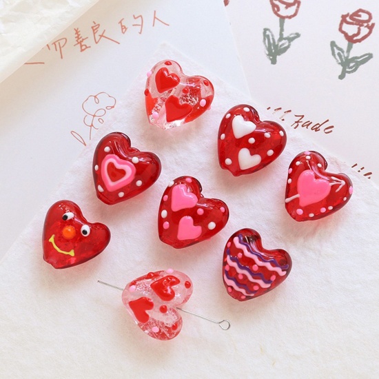 Picture of Lampwork Glass Valentine's Day Beads For DIY Charm Jewelry Making Heart Red Dot Handmade About 20mm x 19mm