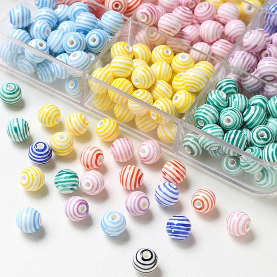 Picture of Ceramic Beads For DIY Charm Jewelry Making Round Multicolor Stripe About 12mm Dia