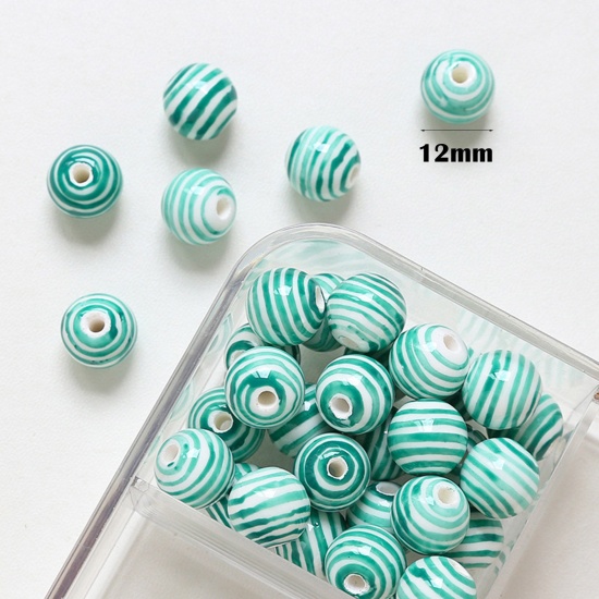 Picture of Ceramic Beads For DIY Charm Jewelry Making Round Multicolor Stripe About 12mm Dia