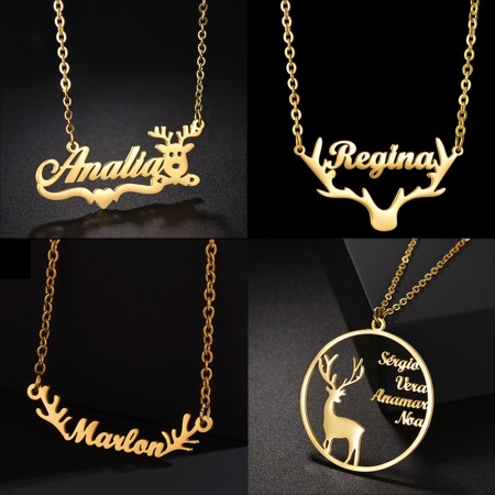 Bild von 1 Strang 304 Edelstahl Personalisierte Namenskette Personalisierter Buchstaben-Charm-Anhänger Geweih Bunt 45cm lang