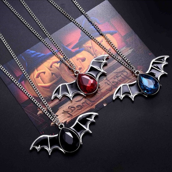 Imagen de Gothic Pendant Necklace Antique Silver Color Halloween Bat Animal Multicolor Rhinestone