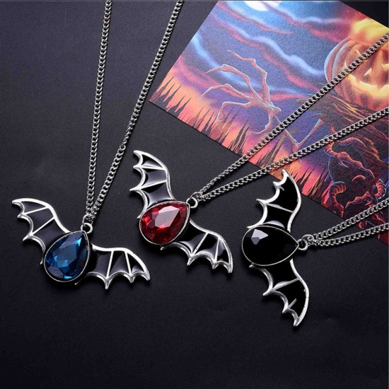 Imagen de Gothic Pendant Necklace Antique Silver Color Halloween Bat Animal Multicolor Rhinestone