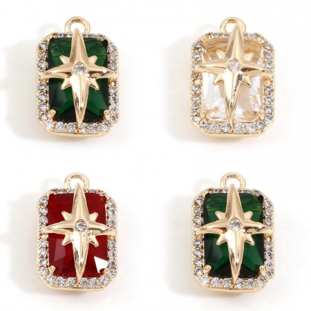 Brass & Glass Galaxy Charms 18K Real Gold Plated Rectangle Star Multicolour Cubic Zirconia 17.5mm x 11mm